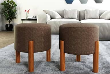 PC Móveis – Kit 2 Puff Redondo Luxo Decorativo em Linho ou Suede – Sala, Quarto e Escritório (Linho, Marrom)