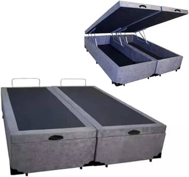 Cama Báu Box Base King Size Bipartido Suede Cinza, RC. 203x193 com Pistão a Gás.