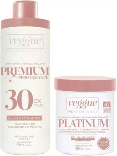 Kit Água Oxigenada 9% 30 Volumes 900ml e Pó Descolorante Platinum Ultra Rápido Veggue Profissional 500g