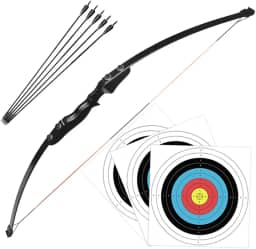 Arco Flecha Profissional Destro de Madeira com Libragem de 40lbs + 5 Flechas com Ponta de Alumínio + 3 Alvos de Treino Arqueria Tiro ao Alvo Caça Pescaria