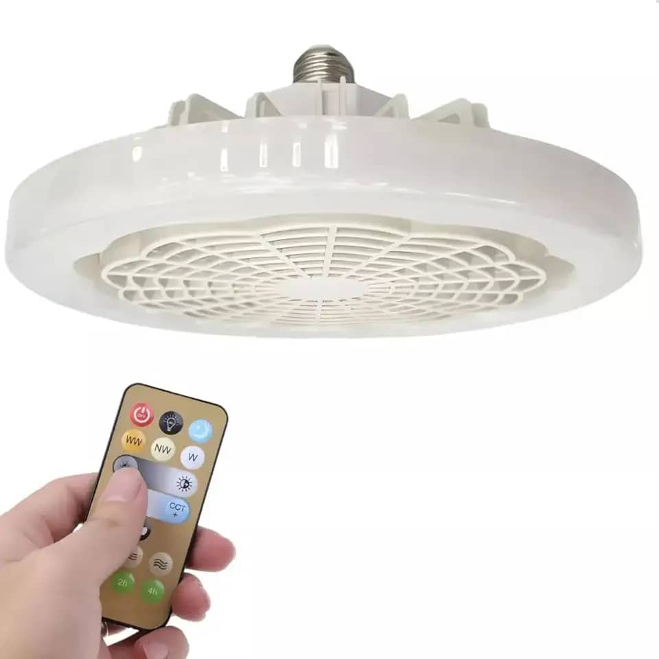Lâmpada Led Redonda Ajuste de Cor Com Ventilador De 3 Pás Multifuncional Potente Silencioso Com Encaixe E27 e Controle Remoto IAHAR