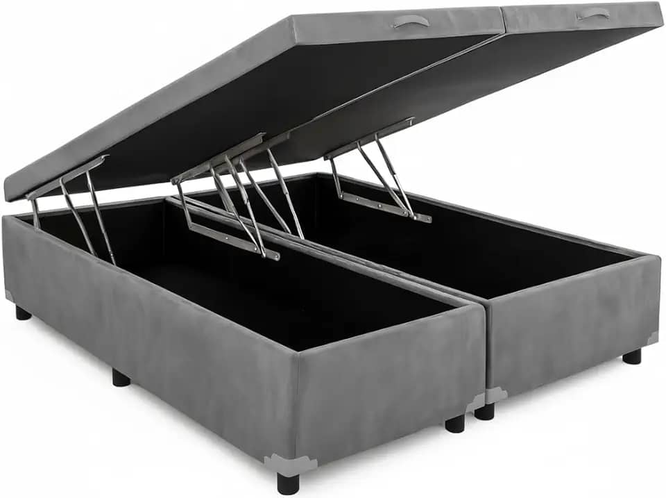 Cama Box Baú Queen Bipartido 79, Blindado, Pistão á Gás, Pés de Madeira (Suede, Cinza)
