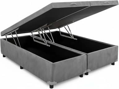 Cama Box Baú Queen Bipartido 79, Blindado, Pistão á Gás, Pés de Madeira (Suede, Cinza)