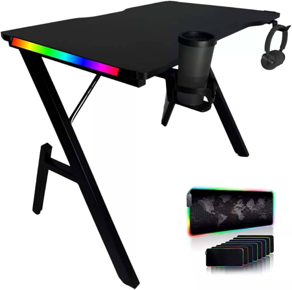 Mesa Gamer Para Jogos Escrivaninha Com Iluminação Led Mousepad Rgb