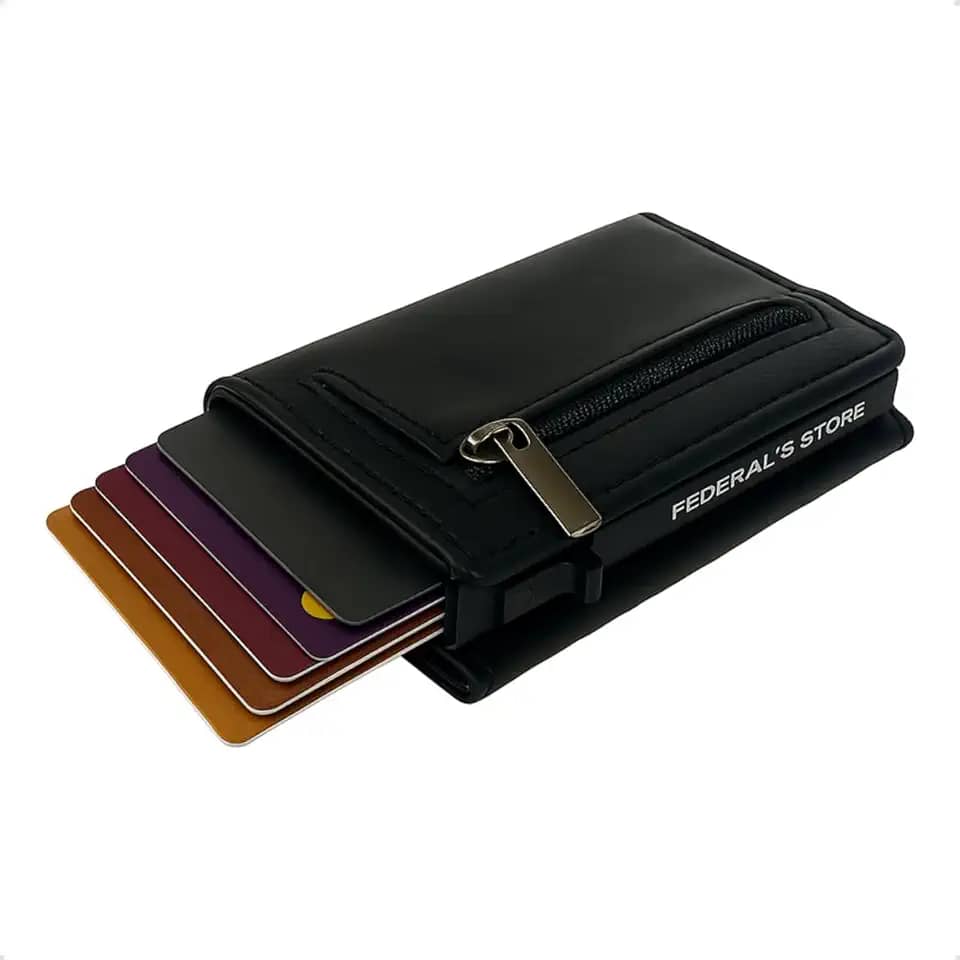 Carteira Com Fecho Magnetico Imã Slim Rfid Antifurto Compartimento Exclusivo Para Cnh Dinheiro Compacta do Futuro Completa Inteligente Mágica Porta Cartão Pop Up ML04 Federal's Store (Preta Couro)