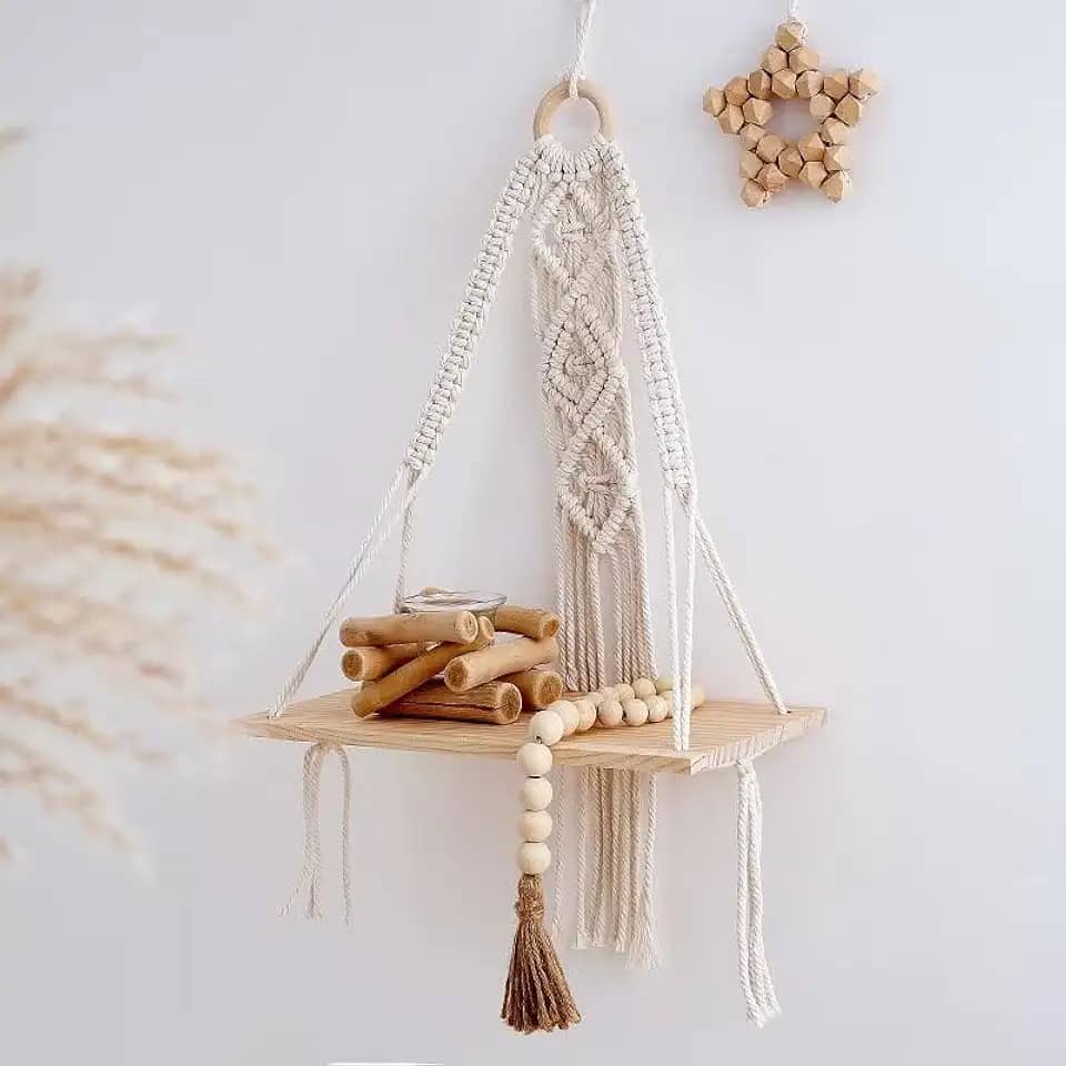 Prateleira suspensa de macramê, prateleiras suspensas boho de 1 camada, decoração de parede para sala de estar, quarto, prateleira flutuante de madeira feita à mão com corda tecida, organizador de