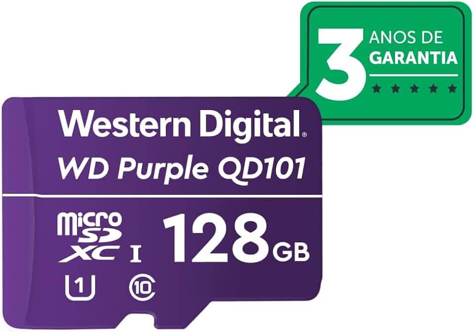 Cartão de Memória Com 3 anos de Garantia Micro SD 128GB WD Purple Intelbras