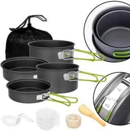 Conjunto De Panelas, 10 Peças, Com Cabos Dobraveis Para Camping, Trilhas, Aventuras, Pesca. Kit Com Colher Tigelas e Esponja