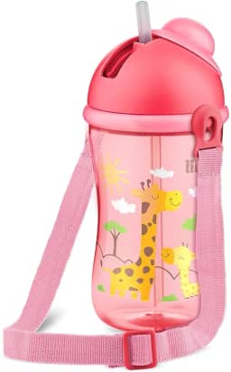 Lillo Copo Cantil Decorado Com Canudo Silicone - Rosa 390 Ml