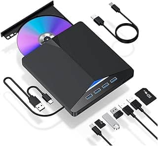 Gravador Externo DVD USB 3.0, Leitor CD/DVD Portátil com Hub USB 7 em 1, Compatível com Windows, Preto