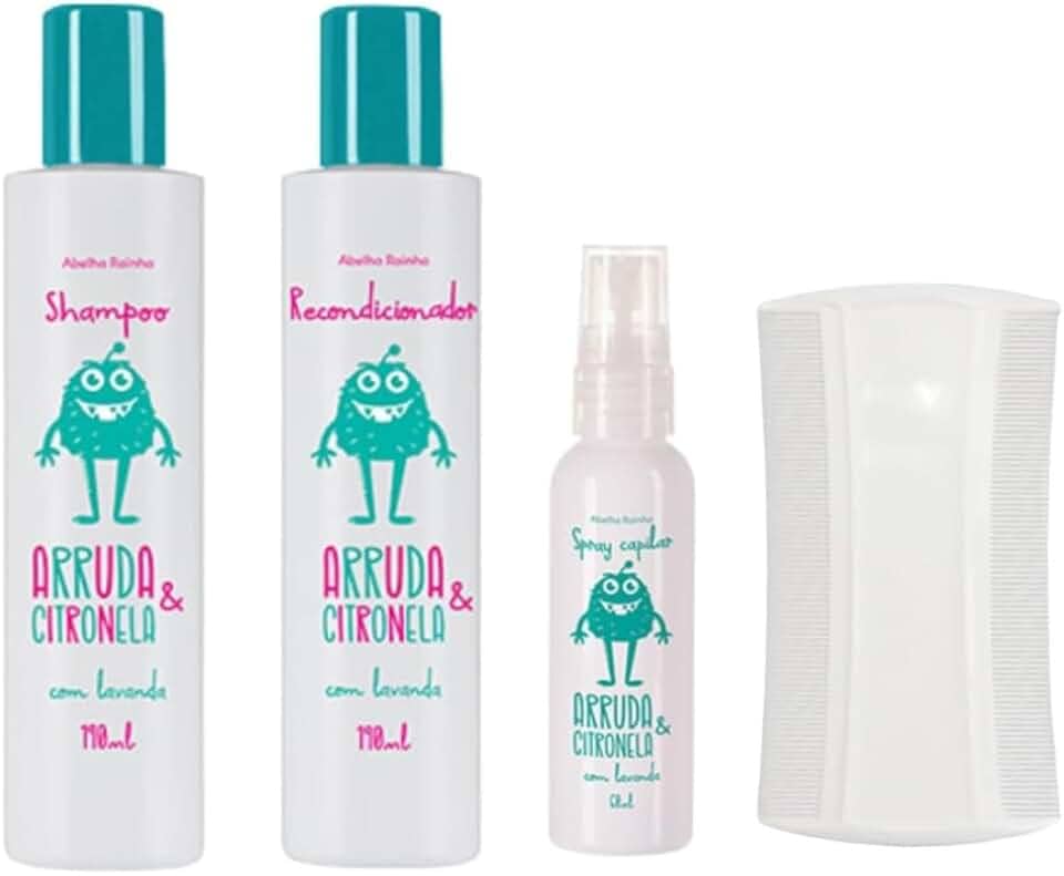 Kit Mata Piolho e Lêndeas,Arruda e Citronela Shampoo, Condicionador, Spray Abelha Rainha e Pente fino