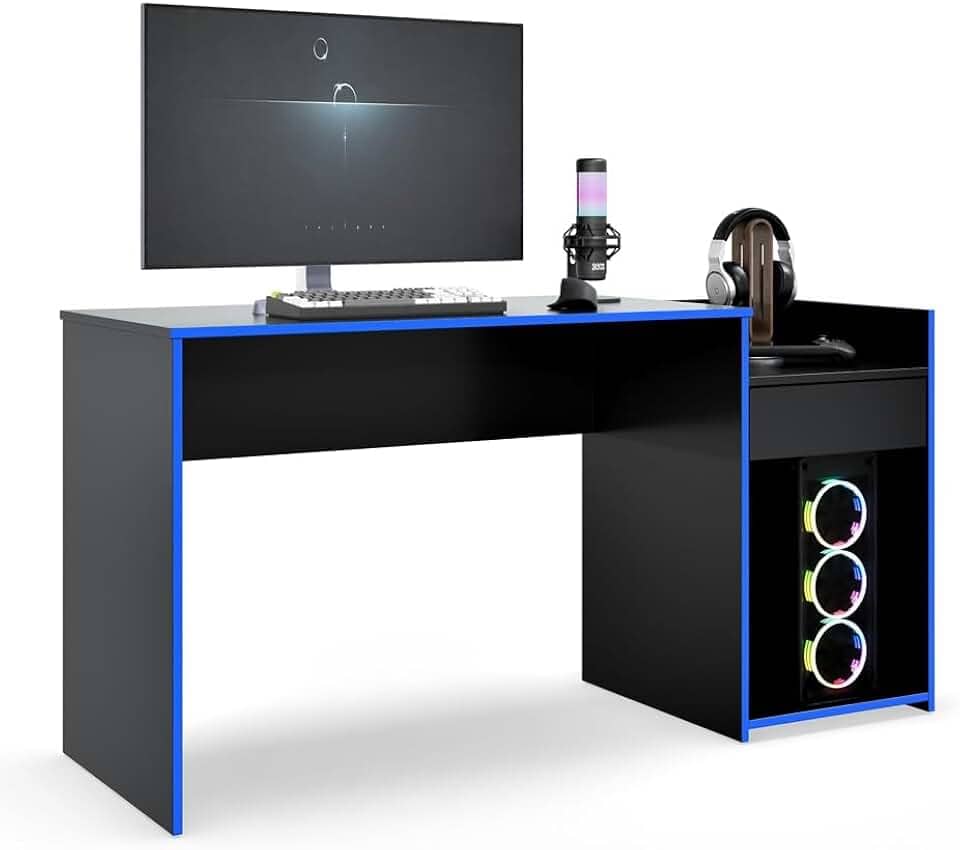 Mesa para Computador Pc Gamer Com Gaveta Nicho Escrivaninha Eros (Preto/Azul)