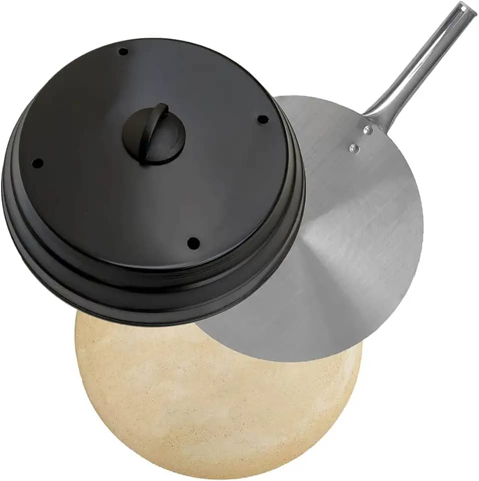Kit Pizza Para Churrasqueira Com Pá de Pizza Alumínio, Pedra Refratária Redonda 37cm e Abafador Preto