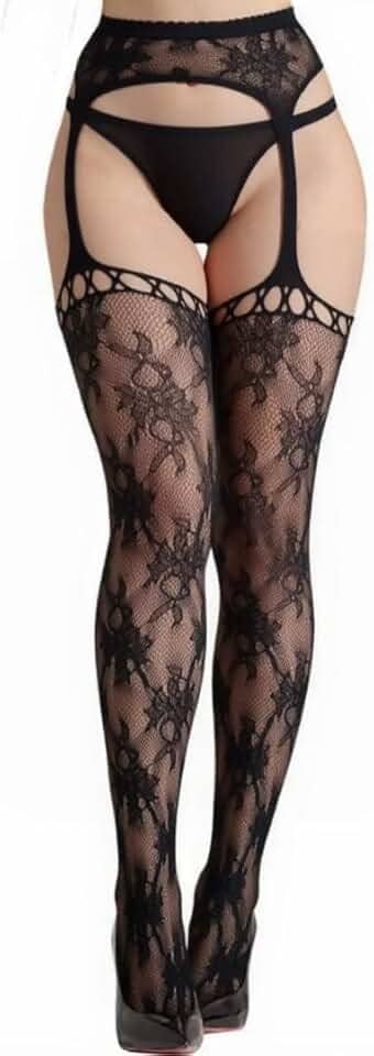 Meia-calça feminina de cintura alta com suspensório de renda transparente com estampa de flor de coração