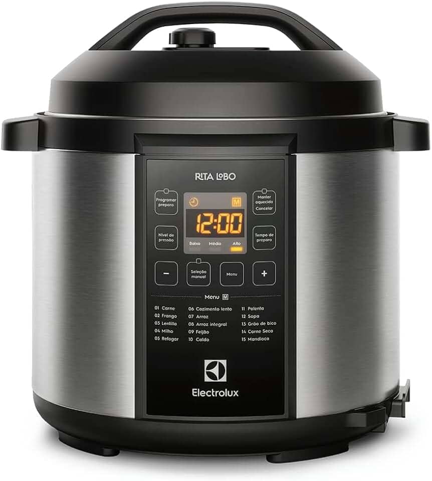 Panela pressão elétrica Electrolux digital capacidade 6L silenciosa segura 10 travas segurança 15 receitas pré-programadas 3 níveis pressão PCC20 inox preto 127v por Rita Lobo