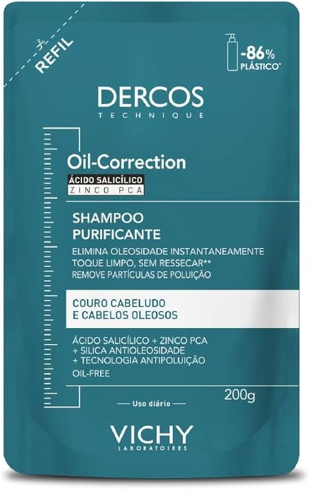 Vichy Dercos Oil-Correction, Refil Shampoo Purificante para Cabelos Oleosos, Limpeza Profunda sem Ressecar os Fios, Fórmula com Ácido Salicílico e Zinco PCA, 200g