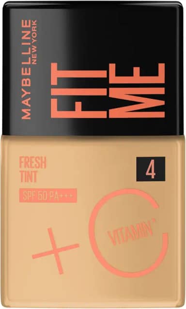 Maybelline NY Fit Me Fresh Tint Base Líquida, Proporciona Efeito Glow Natural, Controla a Oleosidade e Uniformiza a Pele com Vitamina C e FPS 50, Cor 04, 30ml