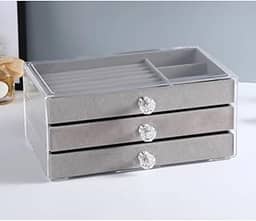 Amarme - Caixa de Joias de Acrílico com 3 Gavetas Organizador Elegante para Jóias e Acessórios Porta Jóias Grande Armário (Cinza)