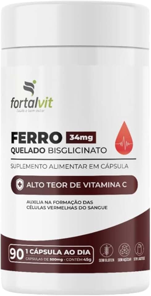 Ferro Quelado Bisglicinato 34mg, 90 Cápsulas, Alto Teor de Vitamina C, Fortalvit