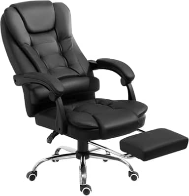 Cadeira de escritório presidente，Cadeira Ergonômica com Apoio para Pés, Encosto Reclinável, Couro Sintético Premium, Altura Ajustável, 150kg – Preto