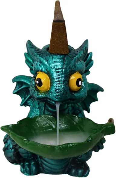Incensário Cascata e Vareta Dragão Baby Verde Perolado Fumaça Invertida Decoração Casa Escritório Meditação Relaxamento