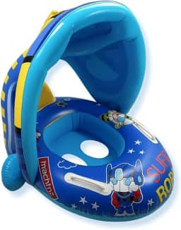 Boia Inflável Infantil com Cobertura Super Robô Flutuador com Toldo para Crianças Brinquedo de Piscina Azul com Encosto e Proteção Solar Seguro e Divertido para Bebês e Crianças Pequenas