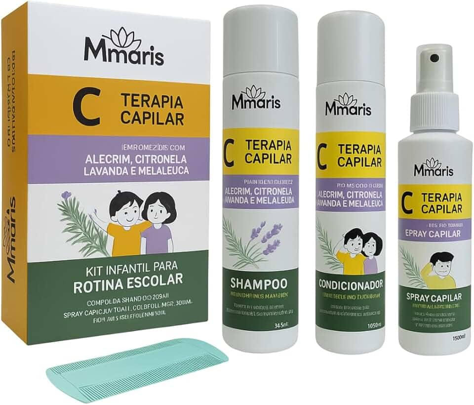 Kit Shampoo Condicionador Spray Terapia Capilar M MariS Rotina Escolar Uso Diário + Pente Fino Combate Piolhos e Lêndeas