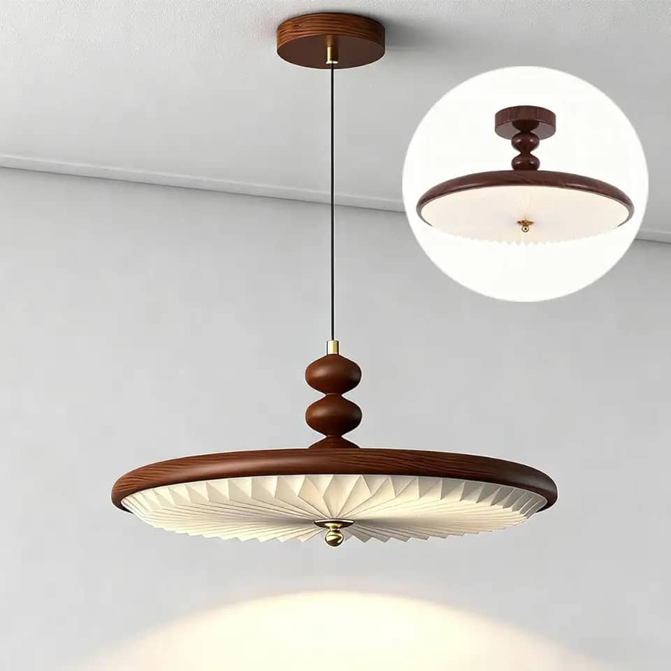 Luminária de Teto LED Daksan com Braço Ajustável, Pendente Redondo Moderno, 60W, 3 Temperaturas de Cor (3000K/4000K/6000K), Diâmetro 50cm, Madeira de Nogueira, para Cozinha, Sala, Quarto