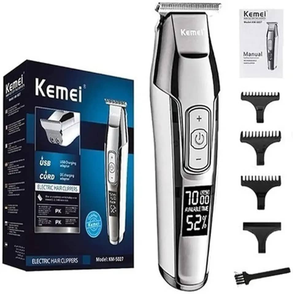 KEMEI Aparador de cabelo masculino sem fio, barbeiro, profissional, visor LCD, 0 mm, cortador de barba careca elétrico recarregável por USB Prata(XSH-5027)