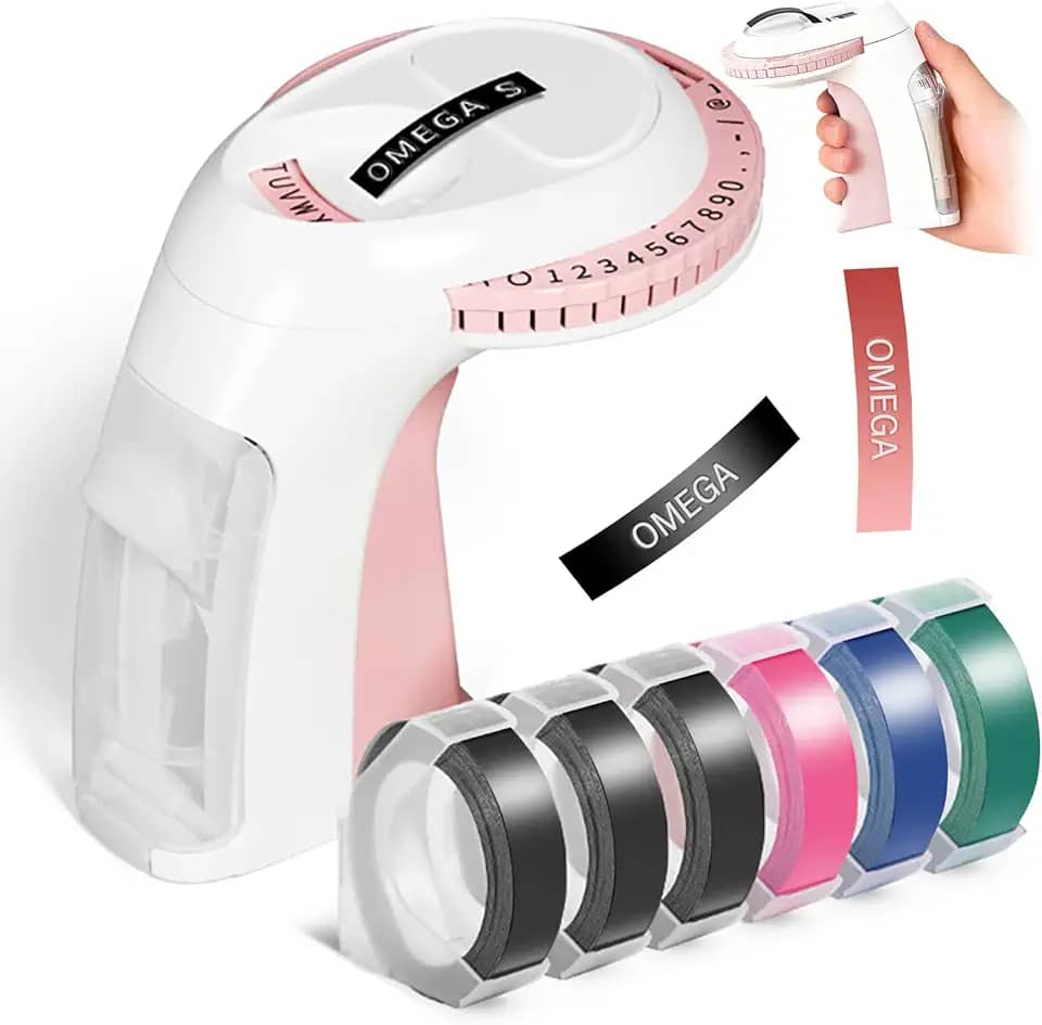 Máquina de gravação retro em relevo com fitas,Etiquetadora 3D Vintage,etiquetadora de gravação da velha escola, com fitas de gravação de 6 rolos para cozinha doméstica, escritório, etc. (Rosa)
