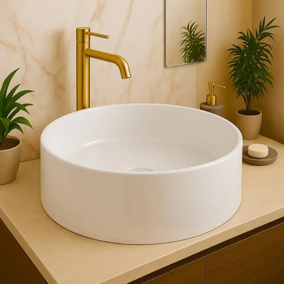 Pia Cuba Para Banheiro Cuba de Sobrepor 35cm Apoio Lavabo Redonda Mármore Sintético Branca