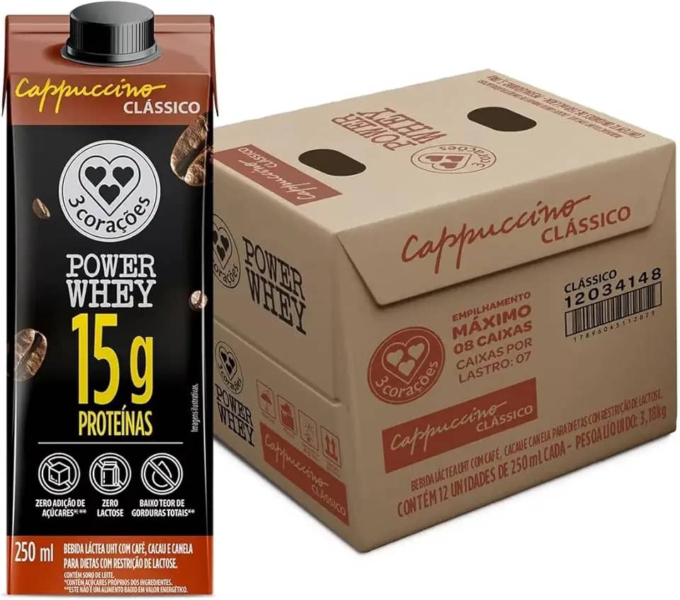 3 Corações Bebida Láctea Cappuccino Power Whey Clássico 15g de Proteína com Cafeína 250ml - 12 unidades