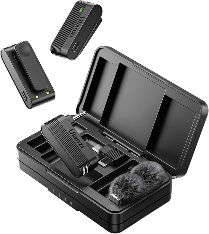 ULANZI A100 Microfone de lapela sem fio Microfone de lapela para câmera e telefone com USB C/3,5 mm/plugue, 32KHz 16Bit, cancelamento de ruído, bateria de 13,5 horas