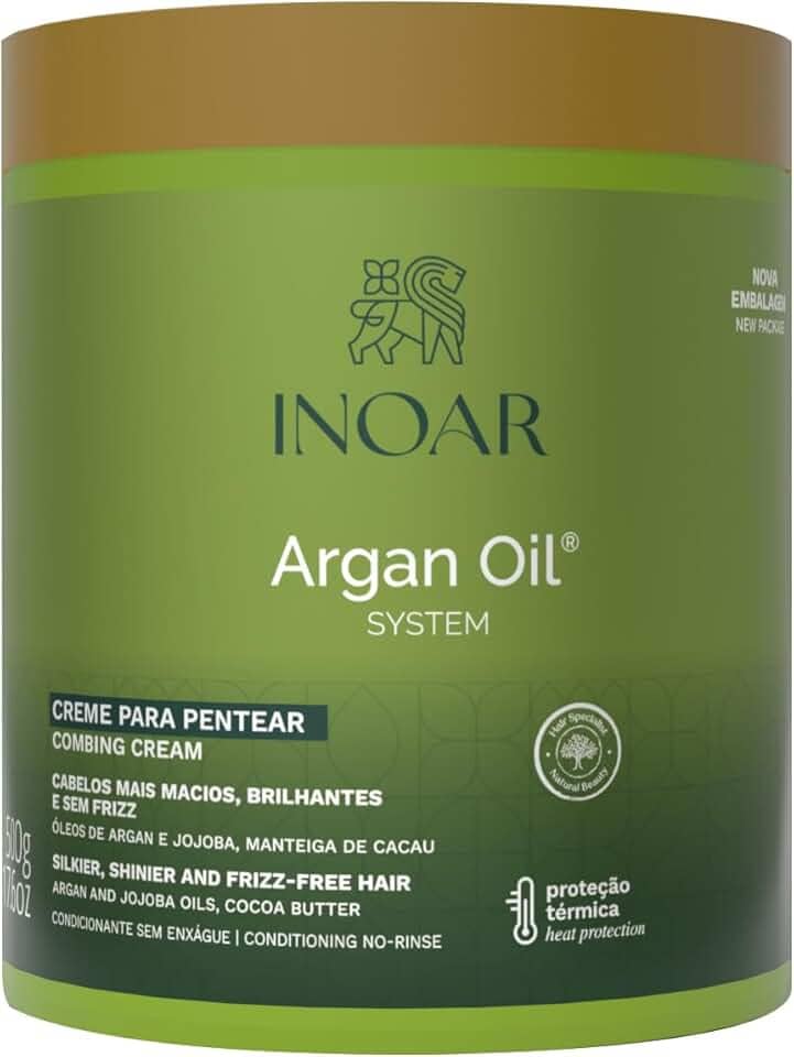 Inoar, Argan Oil, Creme para Pentear Finalizador, Hidratação e Antifrizz, Óleo de Argan, Jojoba e Manteiga de Cacau, Para Todos os Tipos de Cabelos, 500g