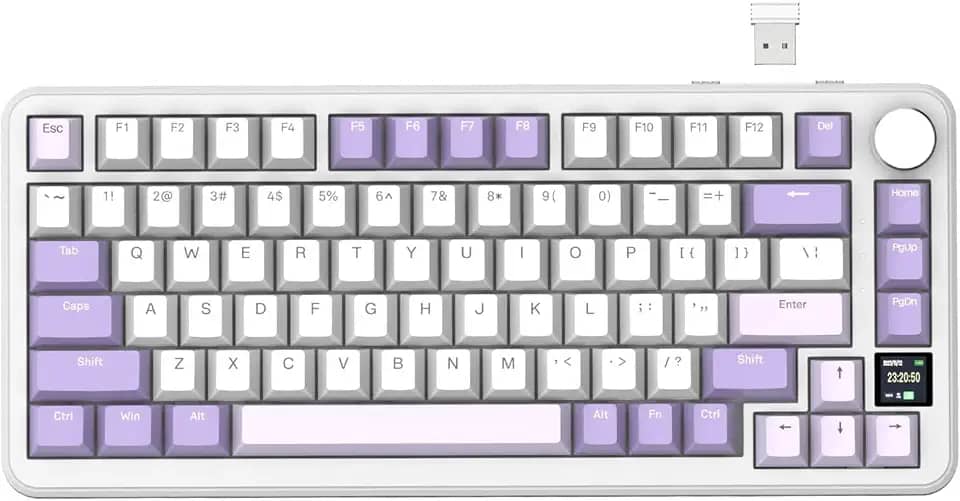 ATTACK SHARK X85 PRO Teclado mecânico sem fio com tela TFT e botão,teclado gamer 75% QMK com junta, com fio 2.4G/BT/USB-C, switch linear hot-swappable, 4000mAh, NKRO, RGB, PC/MAC(Lavender)