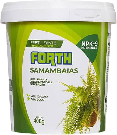 Fertilizante Forth Samambaia, Adubo Mineral, NPK (Nitrogênio, Fósforo, Potássio), 9 Nutrientes, Nutrição Especializada e Completa, Crescimento e Revitalização, Balde, 400g