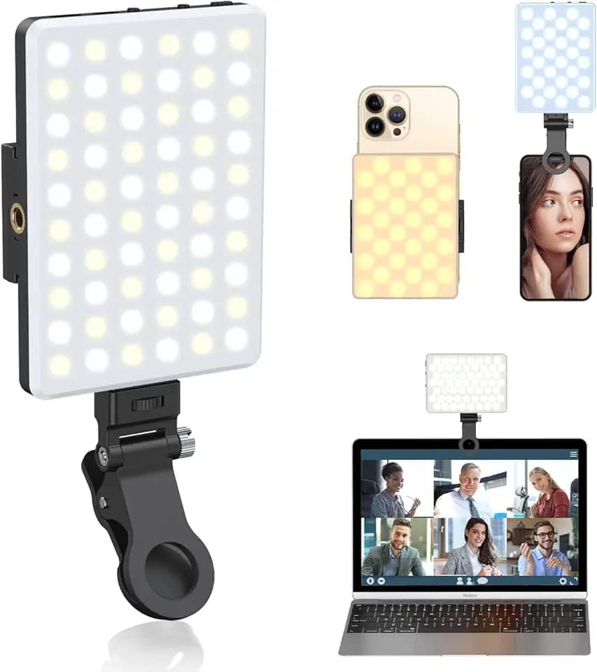 OLRPT Luz de Selfie Com Clipe Frontal e Traseiro - 60 LEDs, 3 Modos, 5000 mAh Recarregável Para Telefone, iPhone, iPad, Laptop, TikTok