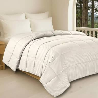 Edredom Toque de Plumas Dupla Face, Microfibra Plumage Liso e Stripe Quadriculado (Pérola Stripes, Casal)