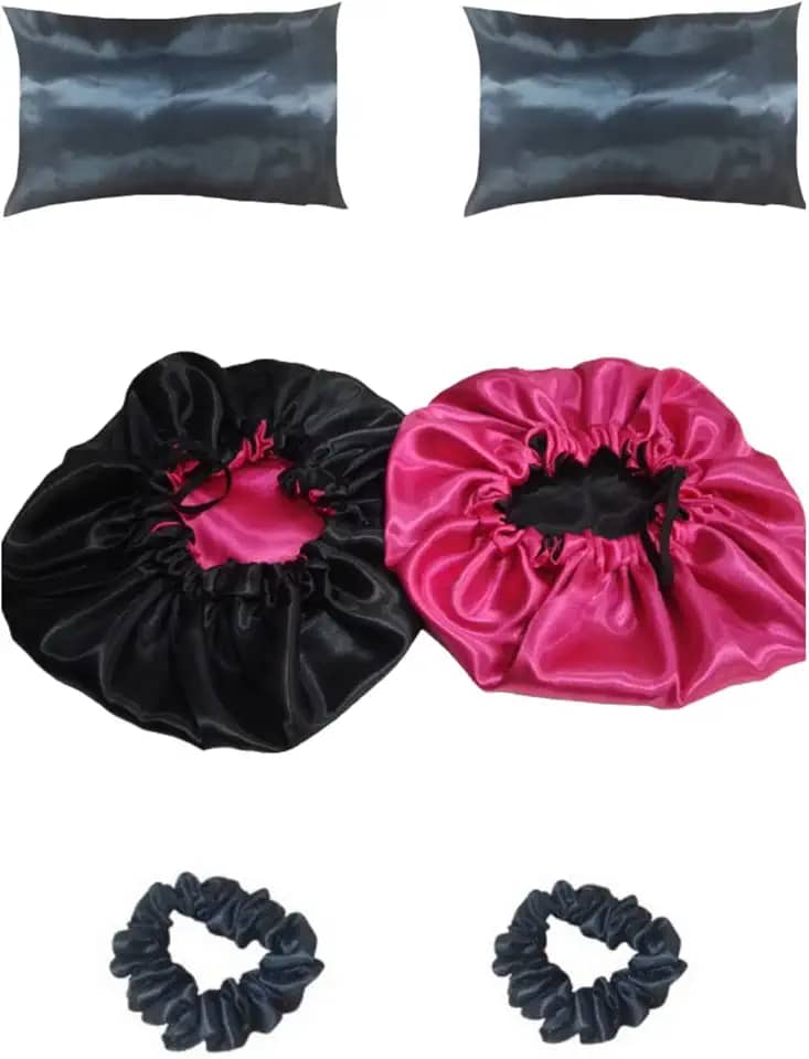 2 fronhas 2 touca dupla face 2 xuxinha kit de cetim preto com pink