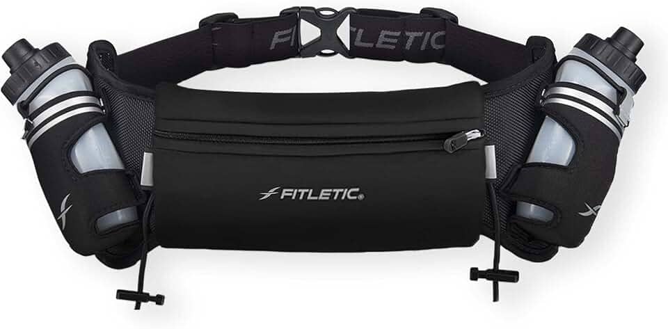 Fitletic Cinto de corrida de hidratação com garrafas de água para homens e mulheres – 2 garrafas de água corrente de fluxo rápido de 227 g, design patenteado sem salto, bolsa resistente à água para