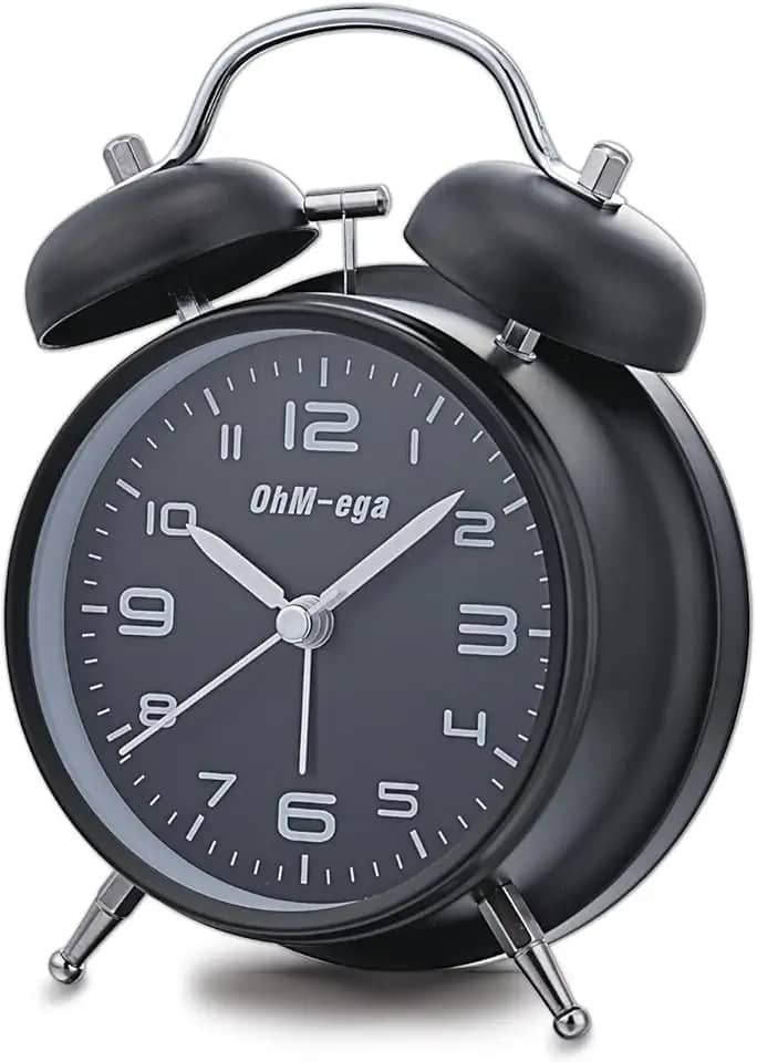 OhM-ega Despertador duplo com sino alto para pessoas com sono pesado, movimento silencioso, luz de fundo, despertador à moda antiga operado por bateria para quarto, 10 cm, preto