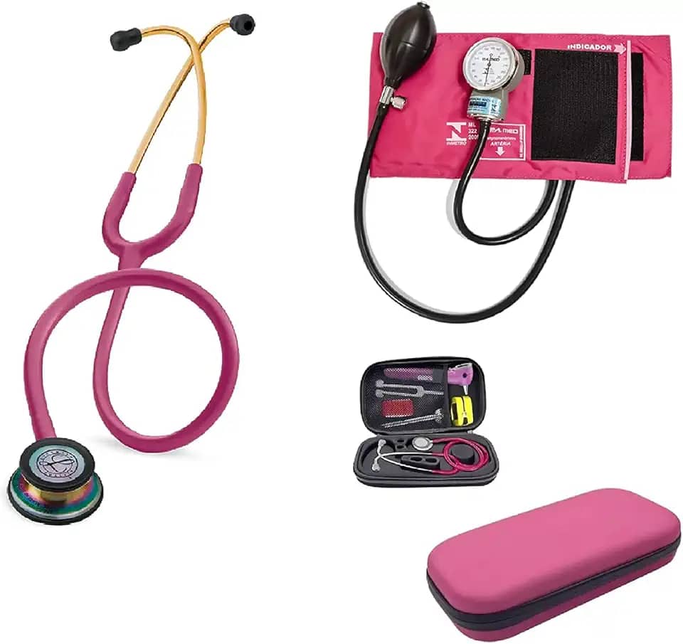 Combo Estetoscópio 3M Classic III Raspberry Rainbow 5806 Littmann, Esfigmomanômetro + Case
