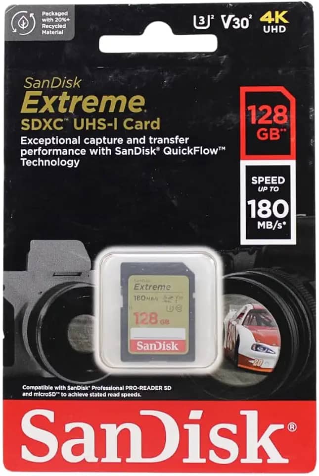 SanDisk Cartão de memória Extreme SDXC UHS-I de 128 GB - C10, U3, V30, 4K, UHD, cartão SD - SDSDXVA-128G-GNCIN, Cor: Cinza/dourado
