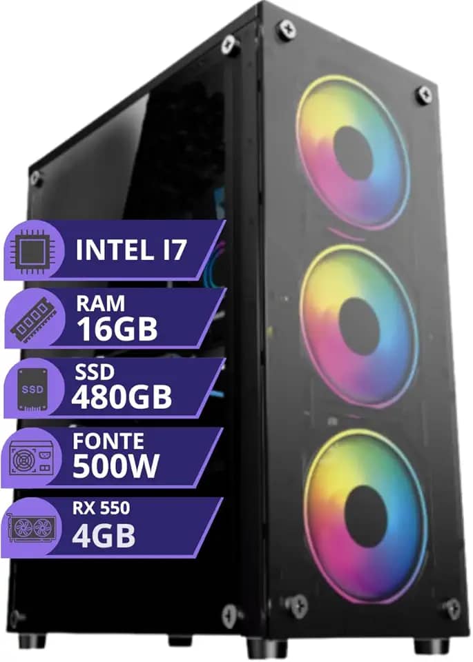 Pc Gamer Cpu Intel I7 3.4ghz Ssd 480gb Memoria 16gb Rx550 4gb Fonte 500W