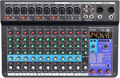 ANVAR Mixer de 12 canais, mixer analógico combinado com placa de som digital Alimentação fantasma de 48 V USB2.0, interface de PC 24 tipos de efeitos DSP produção musical doméstica transmissão em rede