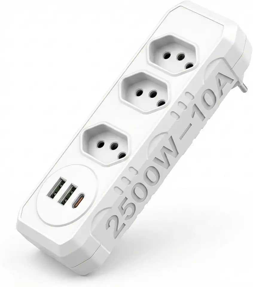 Extensão Tomada, 3 Tomadas e 2 Saídas USB e 1 Saída Tipo C, Botão de Liga e Desliga, Régua Com Filtro de Linha, Protege Seus Dispositivos Contra Curtos e Sobrecargas, 110V a 220V, Até 2500W