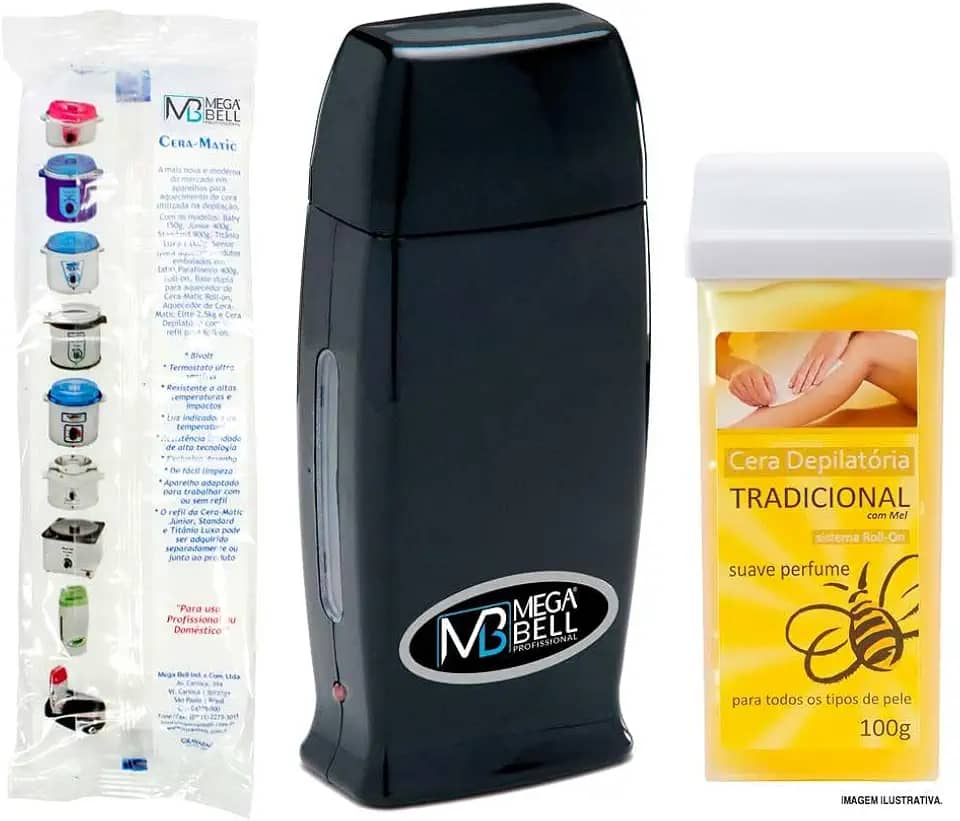 Kit Depilação Roll-On Bivolt Aquecedor + Cera Com Mel + 25 Folhas TNT Prático, Seguro e Econômico Uso Profissional ou Doméstico (PRETO)