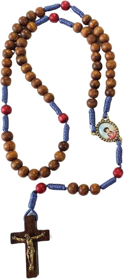 Terços Carlo Acutis de Madeira com Cordão Azul e Contas Vermelhas Padroeiro