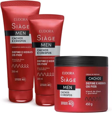 Eudora Kit Siàge Men: Condicionador Cachos e Crespos 200ml + Shampoo Cachos e Crespos 250ml + Creme para Pentear Cacheados 450g