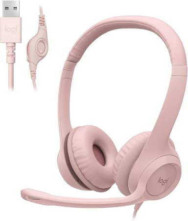 Headset com fio USB Logitech H390 com Almofadas Confortáveis, Controles de Áudio Integrado e Microfone com Redução de Ruído - Rosa